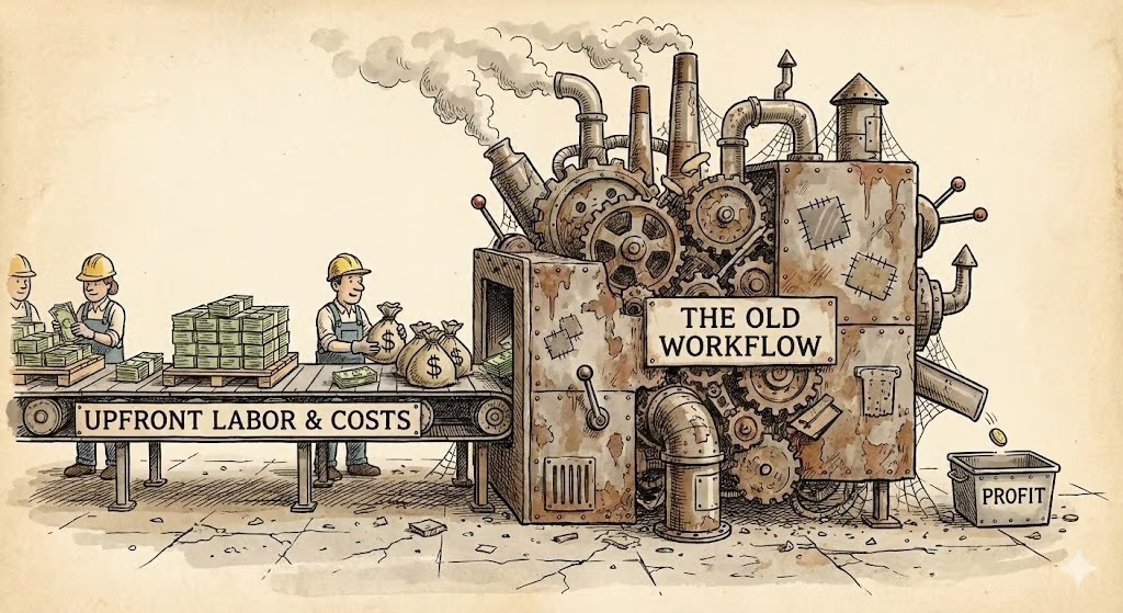 Illustration of a rusted, overcomplicated old workflow machine consuming upfront labor and costs while barely producing profit