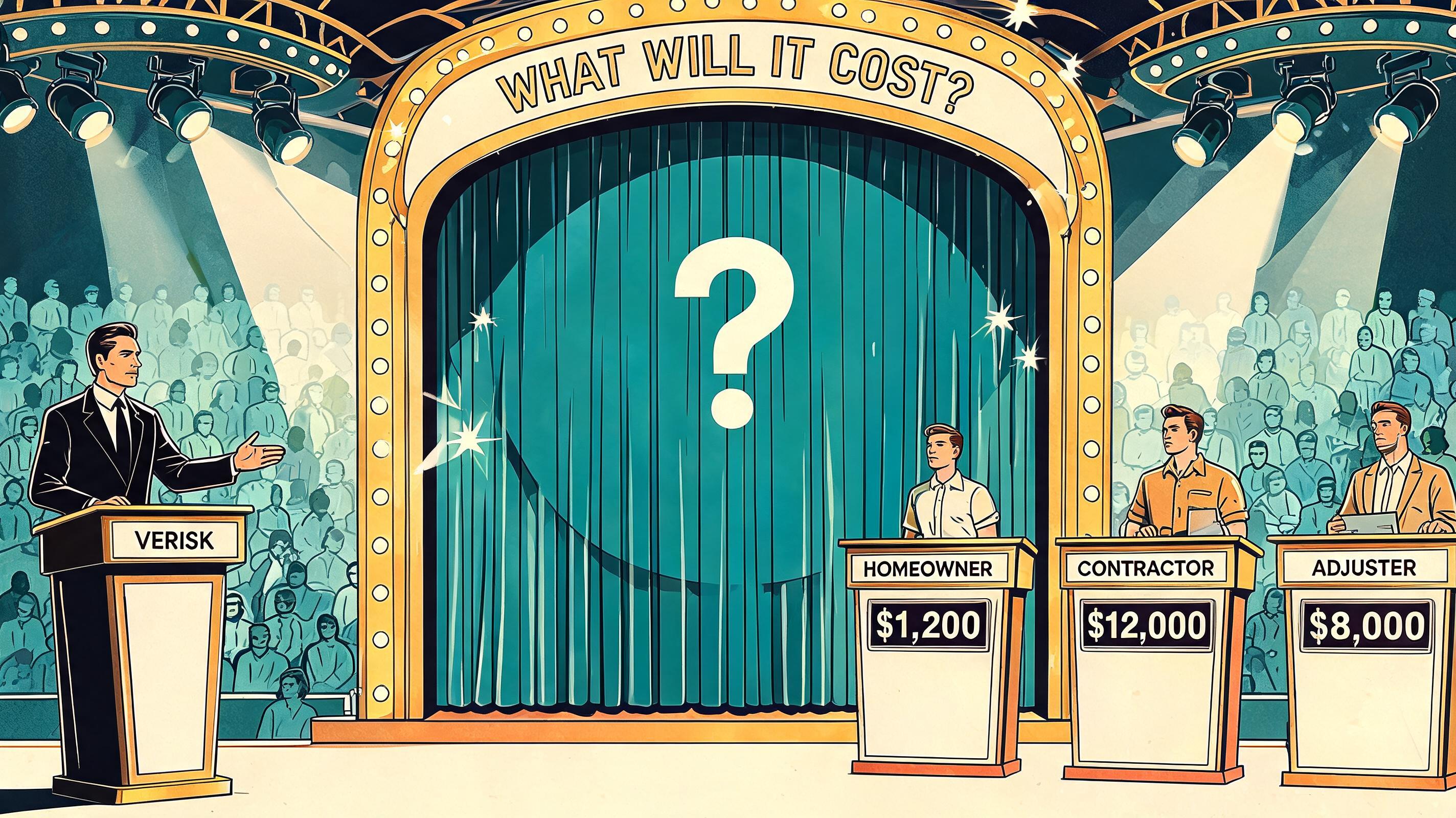 Illustration of a game show called What Will It Cost, with a host at a Verisk podium and a homeowner, contractor, and adjuster each guessing a different price