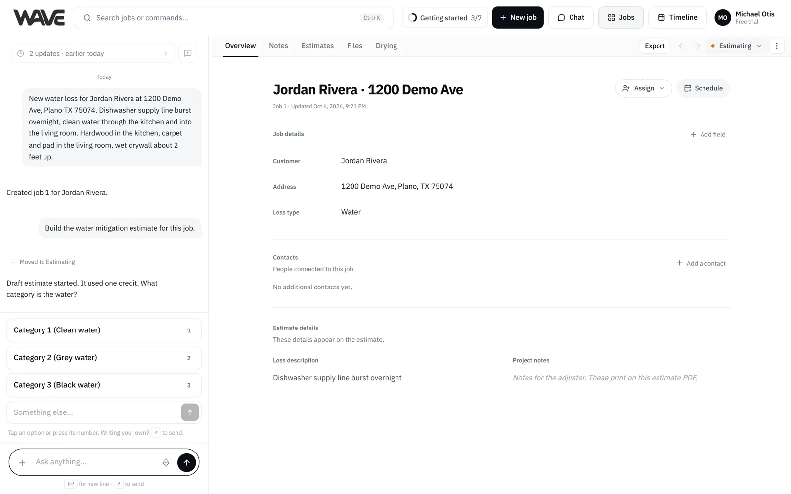 Wave asking for the water category, with tap-to-answer options in the job chat