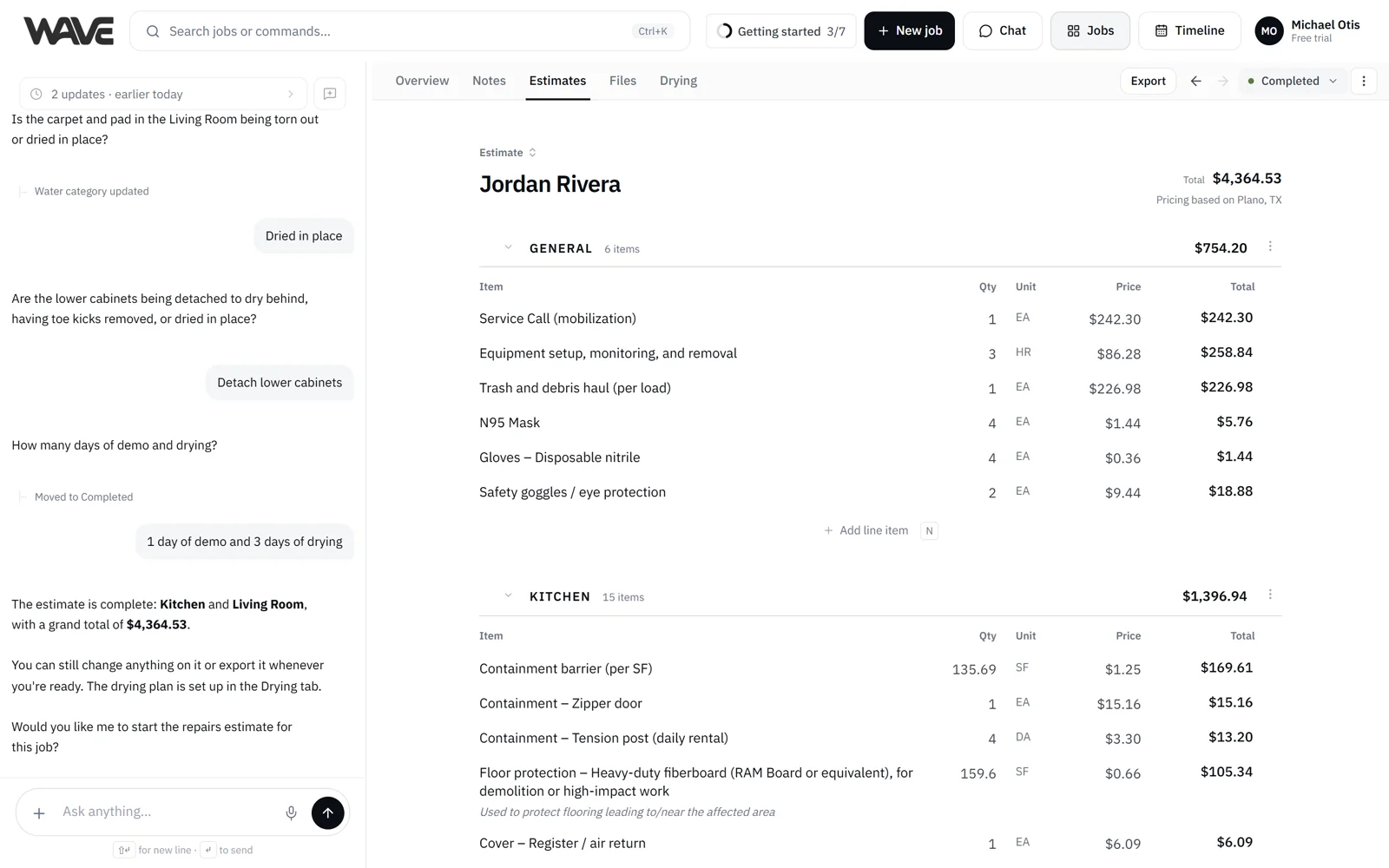 The Estimates tab: line items grouped by room, with the total and pricing location