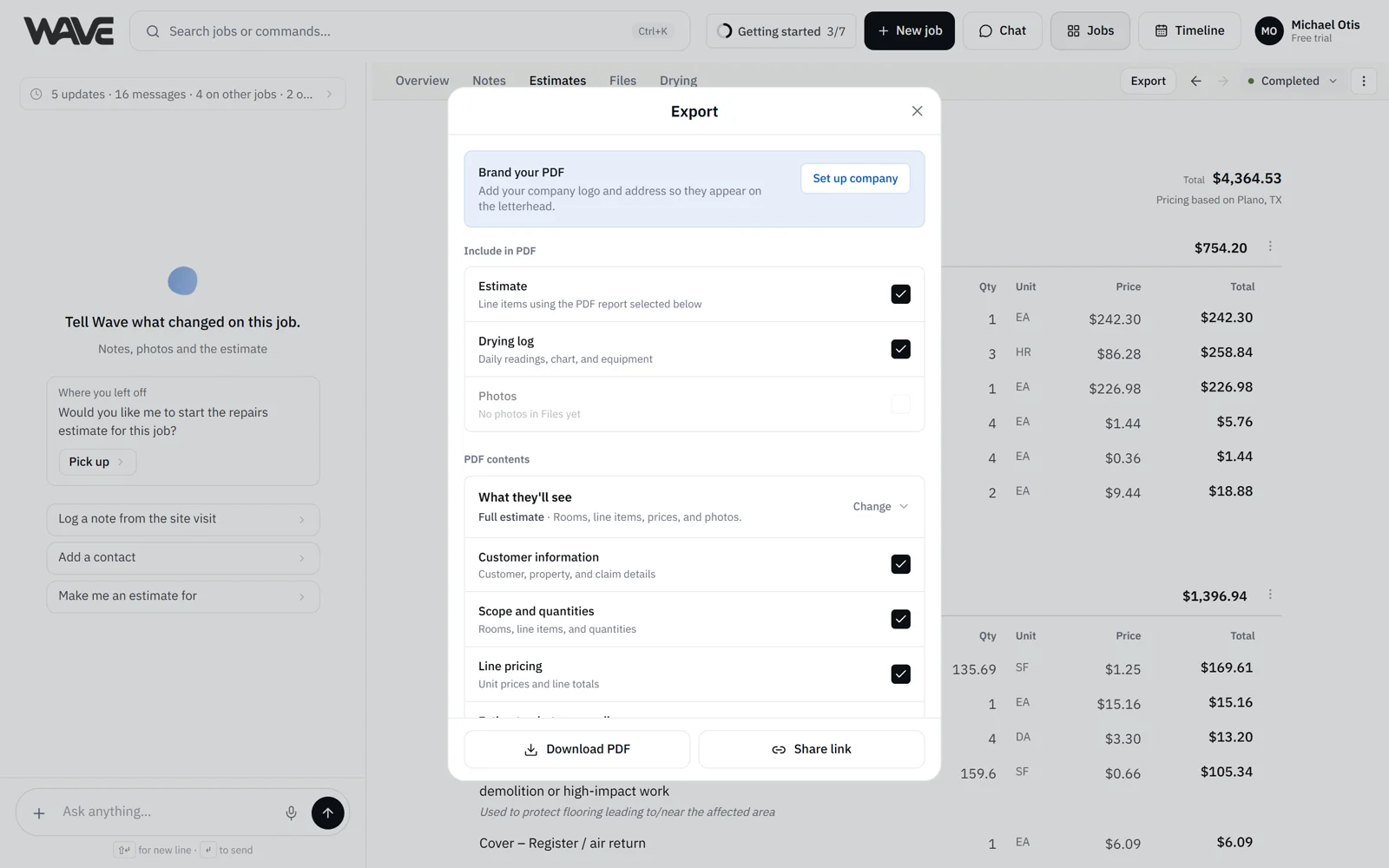 The Export dialog: choose what goes in the PDF, then download it or share a link