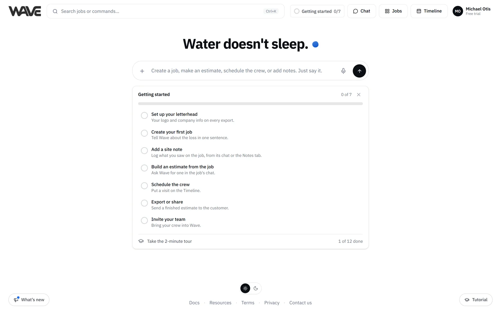 Wave's Home screen: one command box, with the Getting started checklist below it