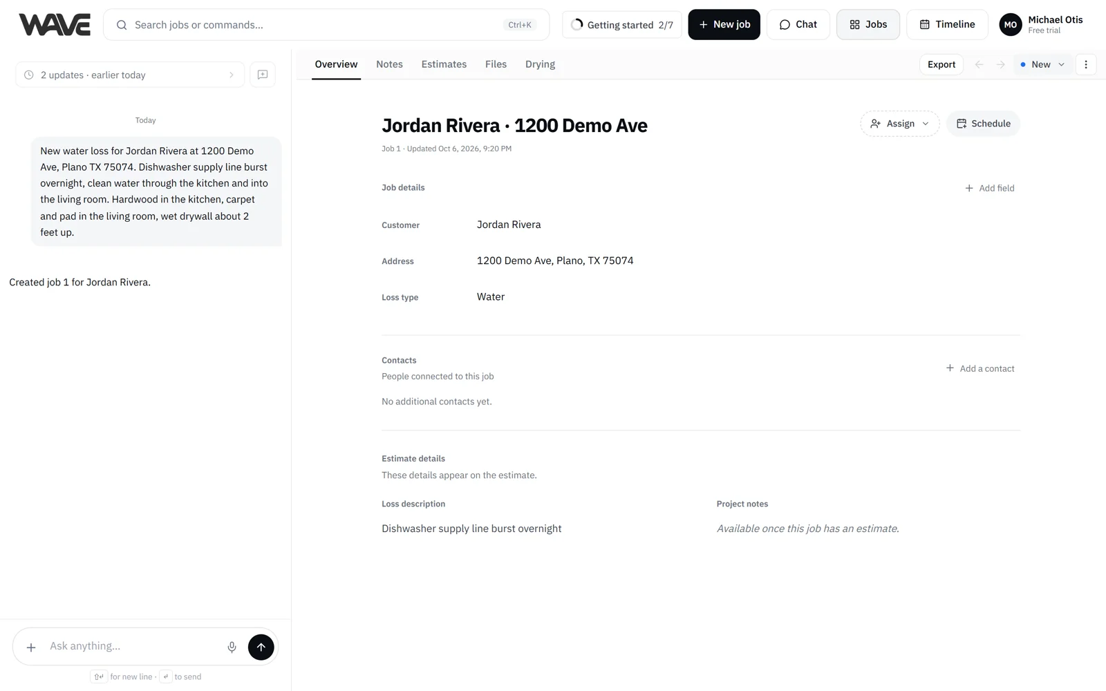 A job's Overview tab with Wave's chat on the left