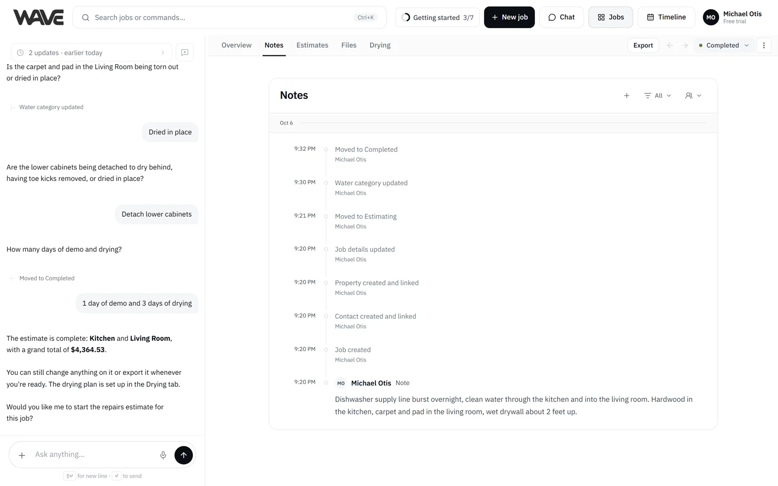The Notes tab: the team's log for a job
