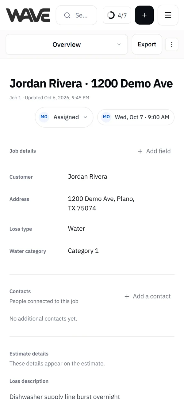 A job on a phone, with the view menu at the top