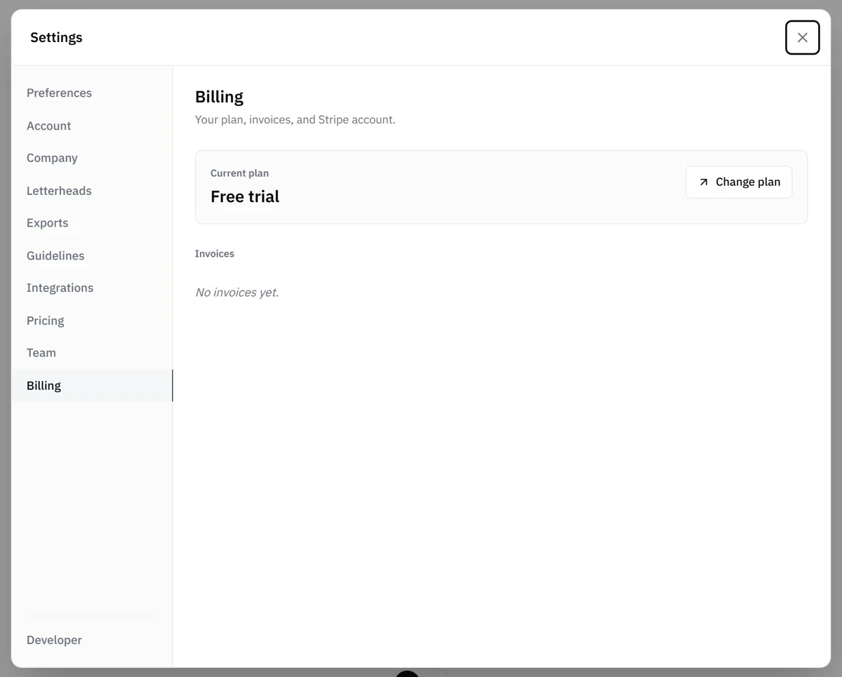 Settings, Billing: your current plan and invoices