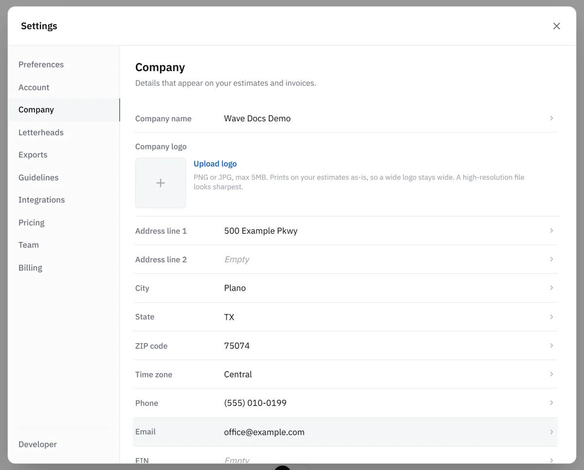 Settings, Company: the details that print on your estimates