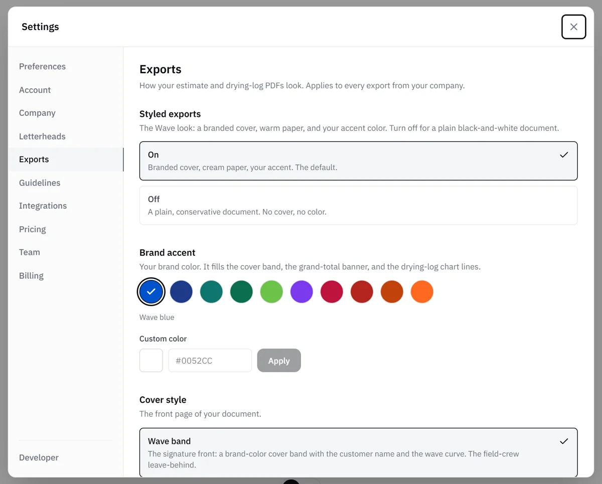 Settings, Exports: how your estimate and drying-log PDFs look
