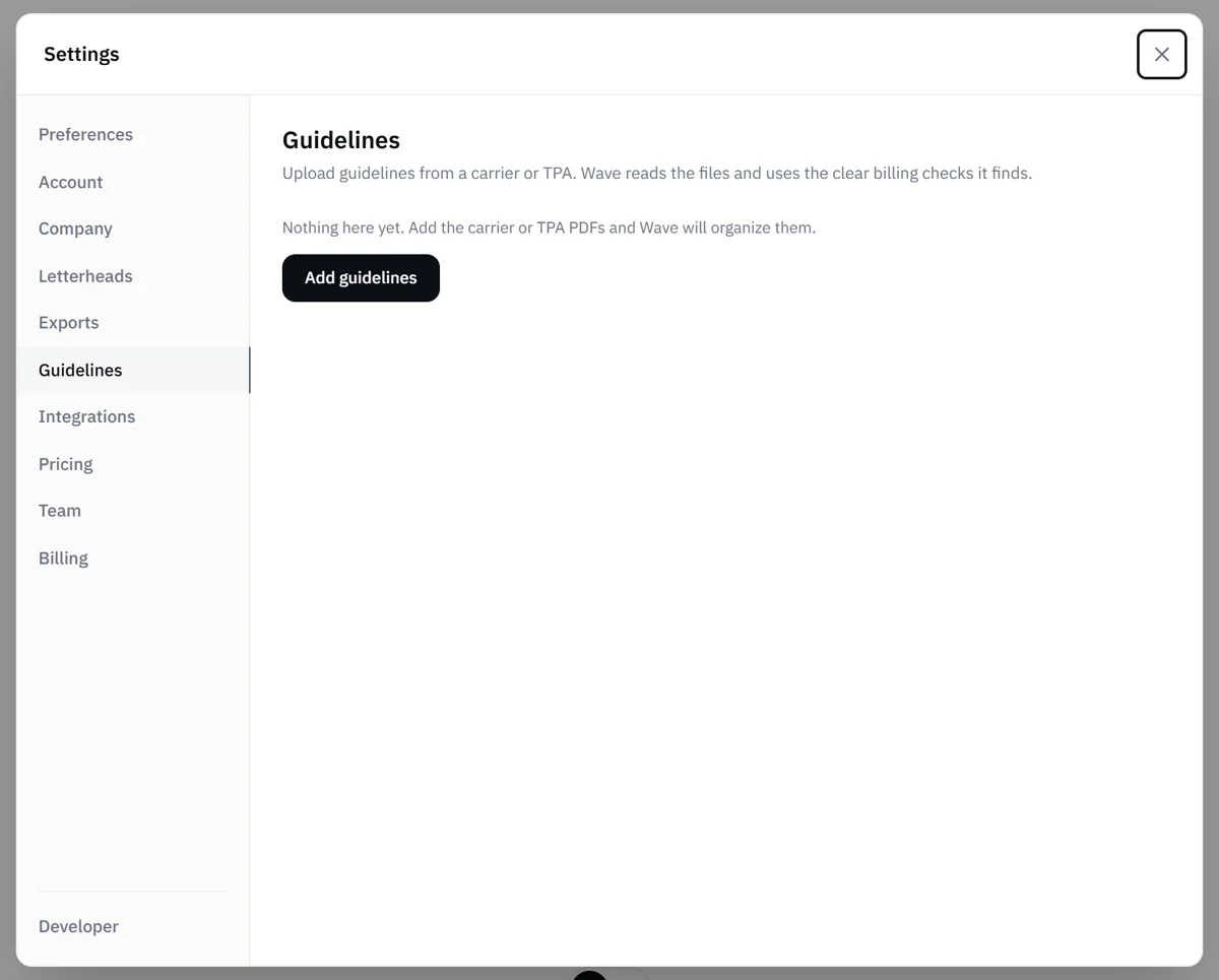 Settings, Guidelines: upload carrier or TPA guidelines