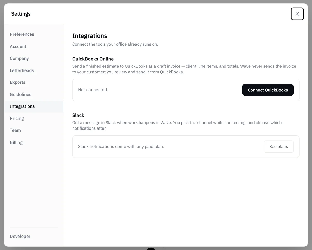 Settings, Integrations: QuickBooks Online and Slack