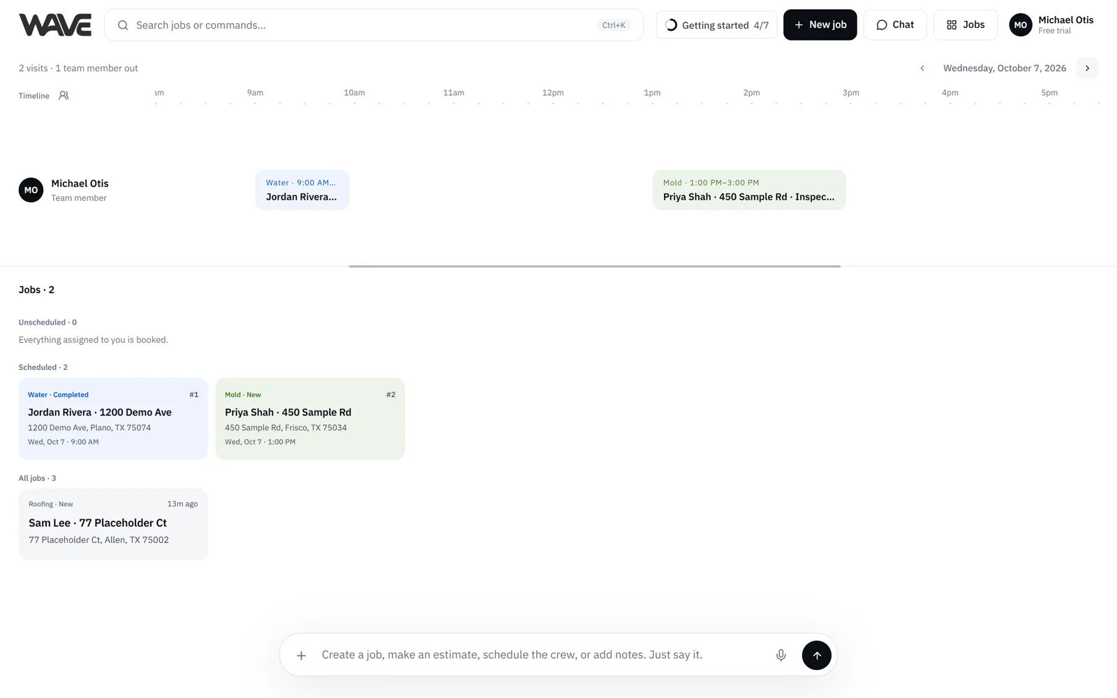 The Timeline: each team member's visits for the day, with scheduled jobs below
