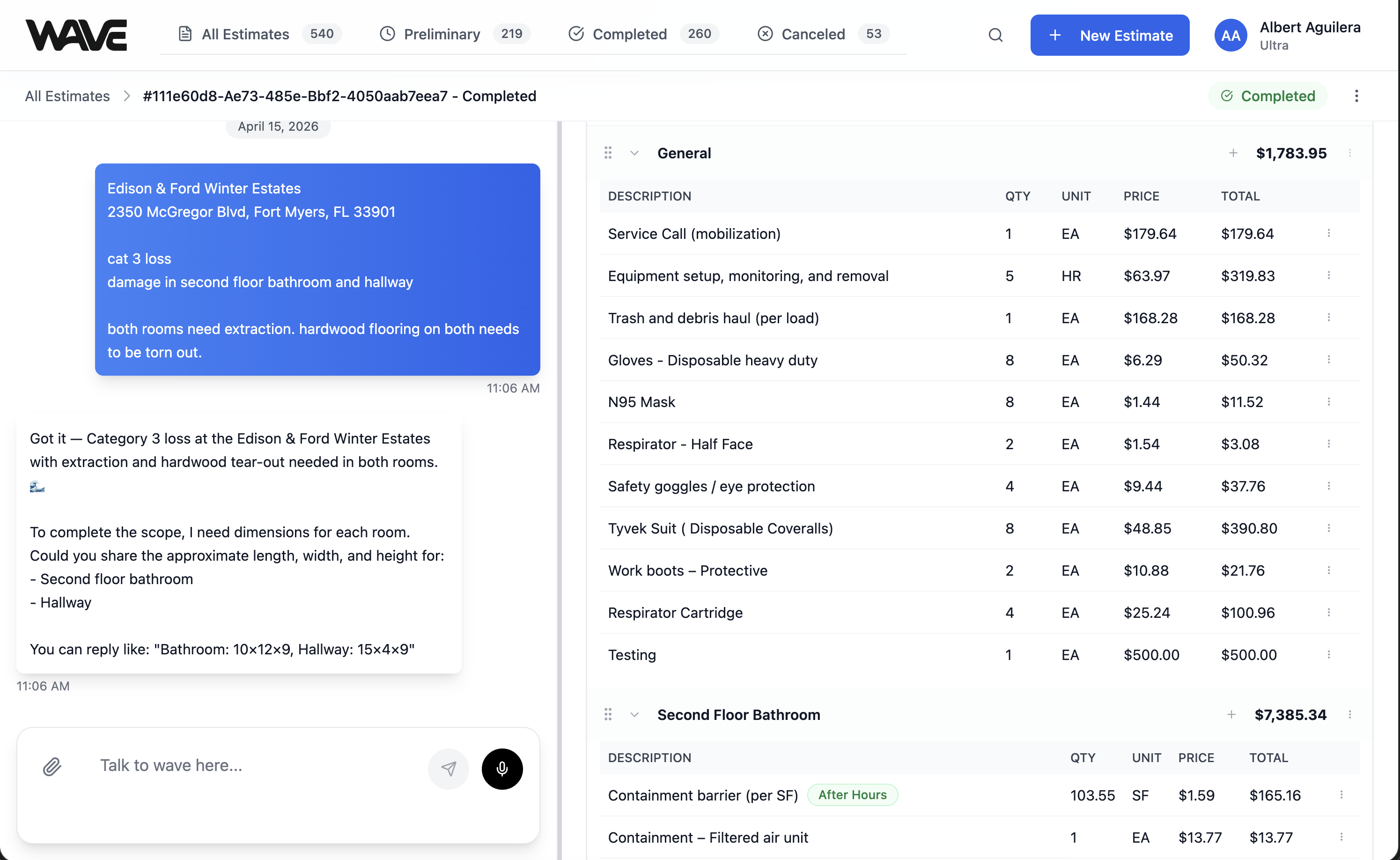Wave AI estimate with line items grouped by room, replacing Cotality Claims Estimate's drag-and-drop sketch workflow