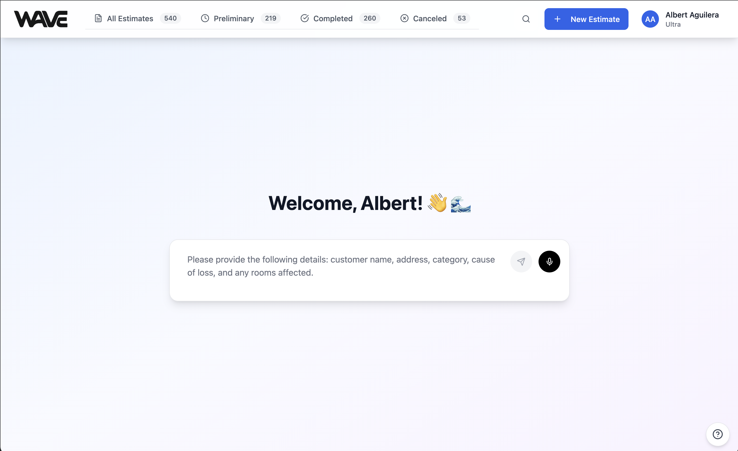 Wave AI restoration estimating software welcome screen with voice-first chat intake